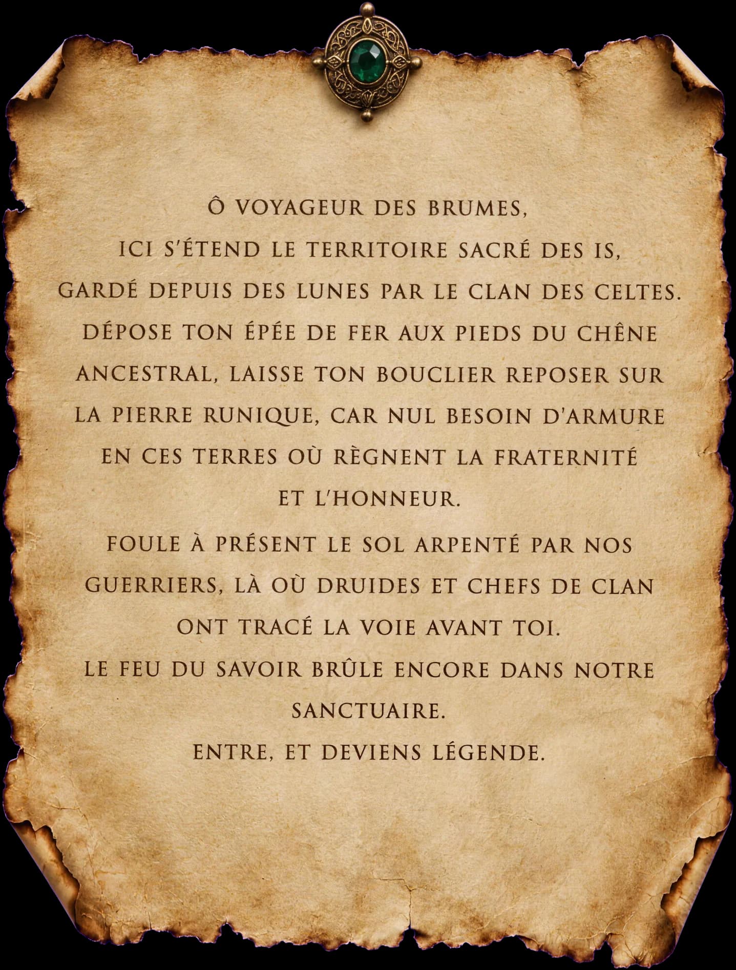 Ô voyageur des brumes, Ici s'étend le territoire sacré des IS, gardé depuis des lunes par le Clan des Celtes. Dépose ton épée de fer aux pieds du chêne ancestral, laisse ton bouclier reposer sur la pierre runique, car nul besoin d'armure en ces terres où règnent la fraternité et l'honneur. Foule à présent le sol arpenté par nos guerriers, là où druides et chefs de clan ont tracé la voie avant toi. Le feu du savoir brûle encore dans notre sanctuaire. Entre, et devient légende.